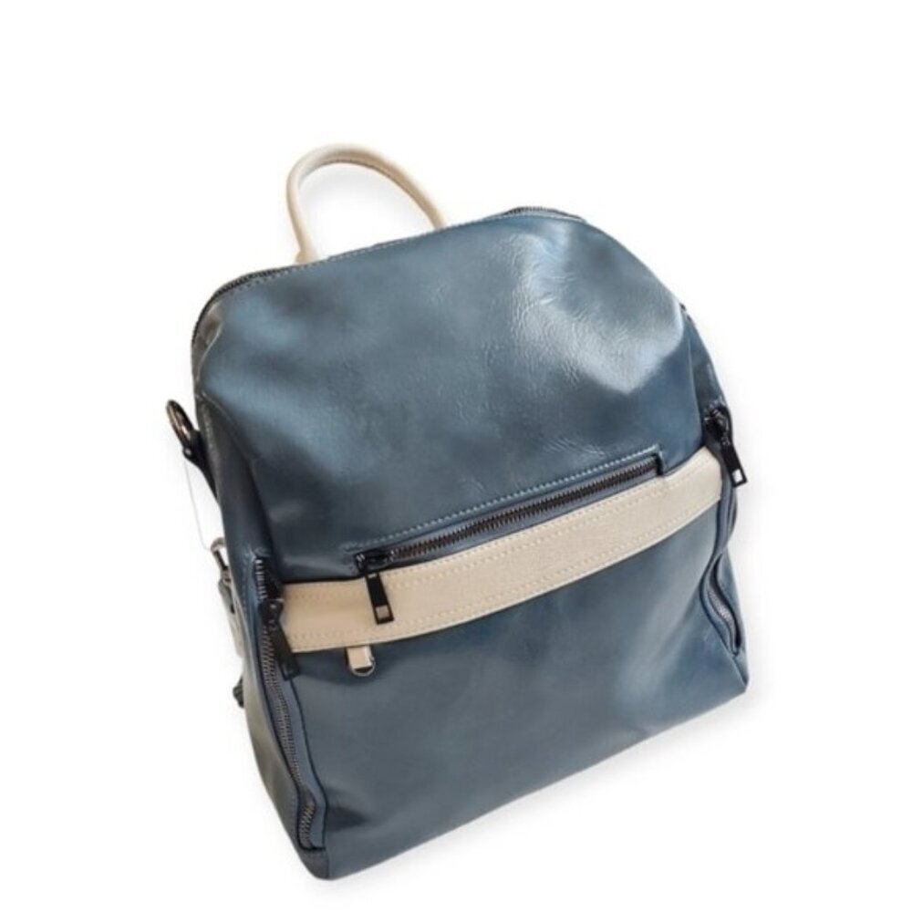Blue Faux Leather Multi-Zip Backpack | Cream Contrast Trim | Medium | GUC